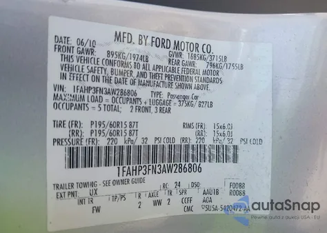 2010 Ford Focus Se из США, поврежденный, VIN 1FAHP3FN3AW286806